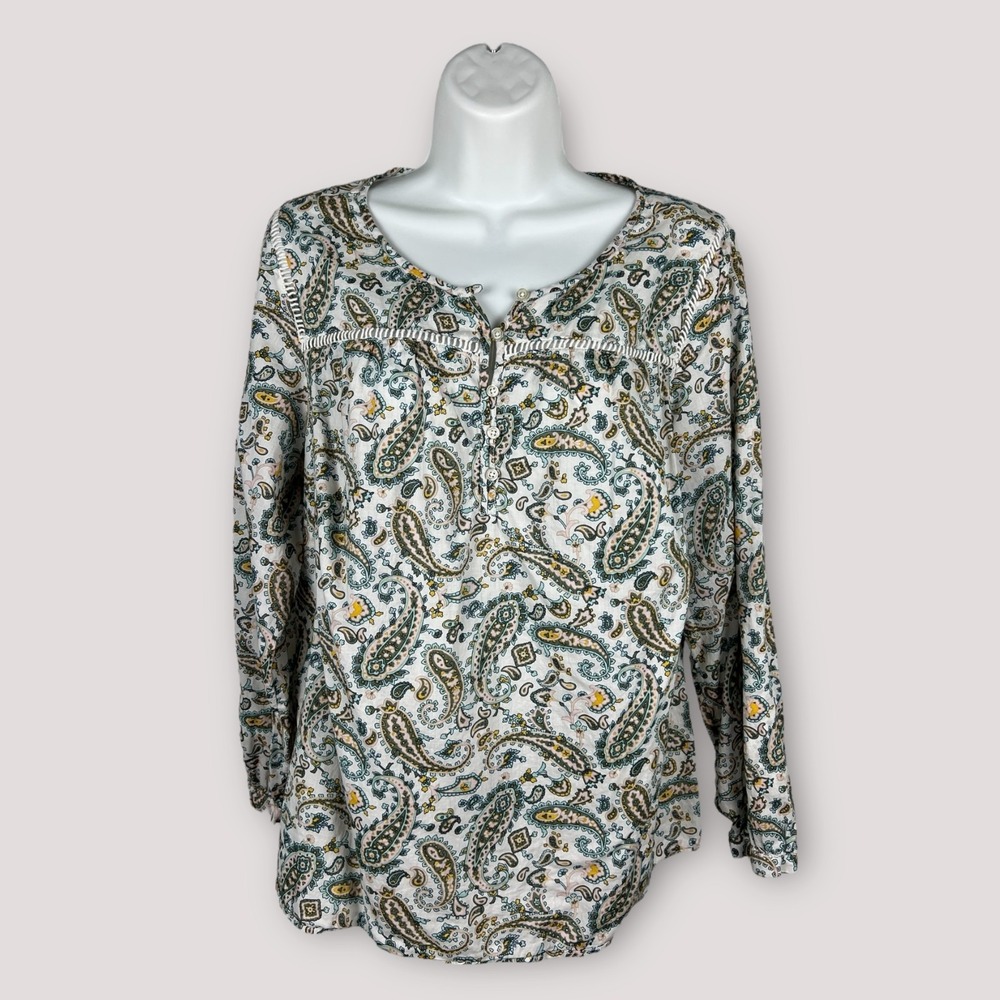 Talbots Paisley Henley Blouse Women 1X Petite Coastal Preppy Boho Cotton Top